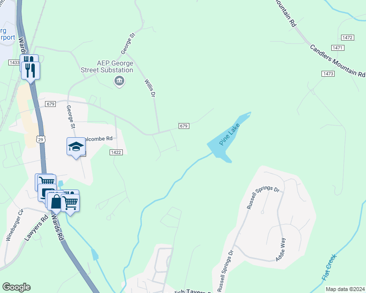 map of restaurants, bars, coffee shops, grocery stores, and more near 64 Freeman Drive in Lynchburg
