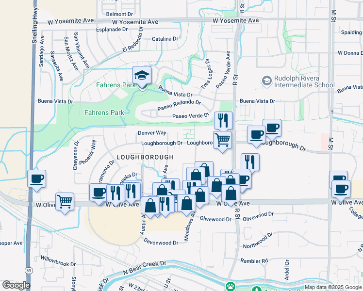 map of restaurants, bars, coffee shops, grocery stores, and more near 1312 Loughborough Drive in Merced