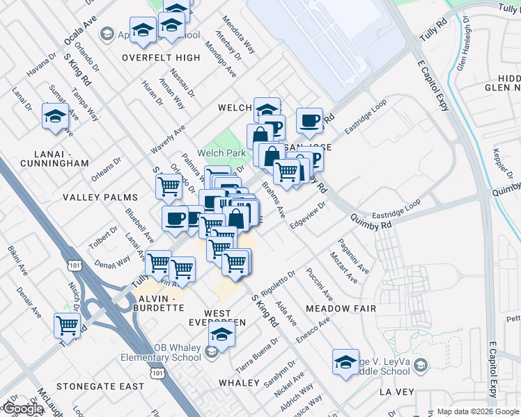 map of restaurants, bars, coffee shops, grocery stores, and more near in San Jose