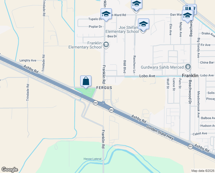 map of restaurants, bars, coffee shops, grocery stores, and more near 2349 Ashby Road in Merced