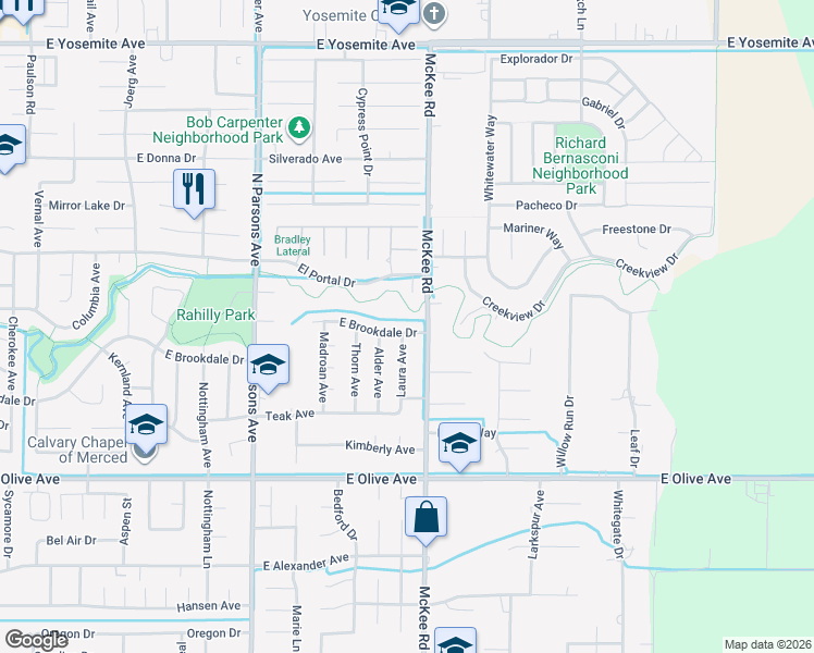 map of restaurants, bars, coffee shops, grocery stores, and more near 2149 East Brookdale Drive in Merced