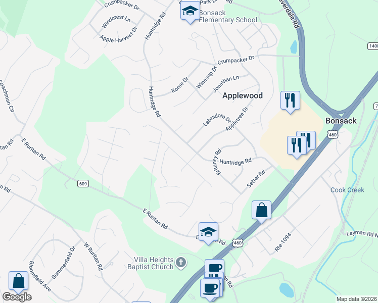 map of restaurants, bars, coffee shops, grocery stores, and more near 5113 Plantation Grove Lane in Roanoke