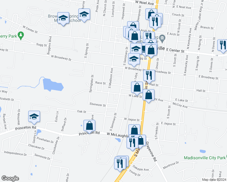 map of restaurants, bars, coffee shops, grocery stores, and more near 246 West Lake Street in Madisonville