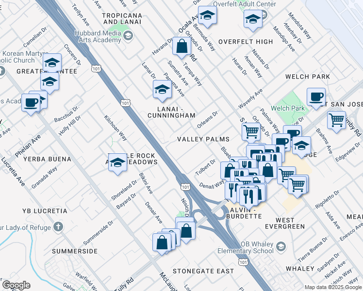 map of restaurants, bars, coffee shops, grocery stores, and more near 2155 Lanai Avenue in San Jose