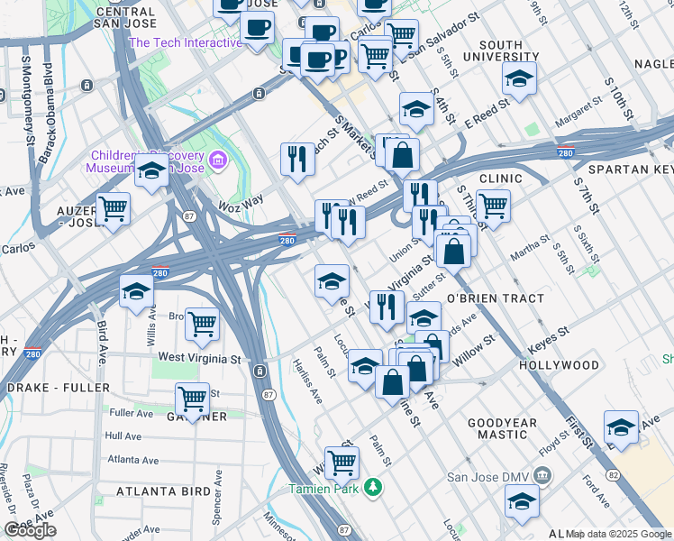 map of restaurants, bars, coffee shops, grocery stores, and more near 701 Vine Street in San Jose
