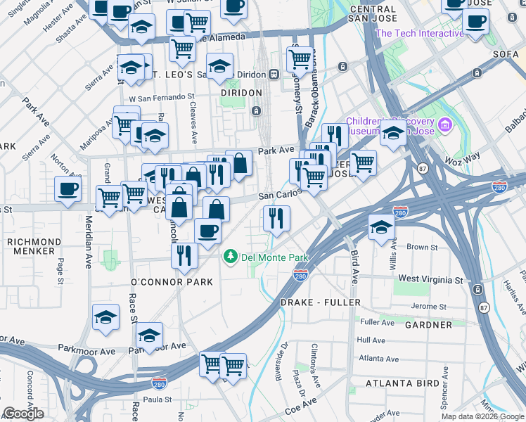 map of restaurants, bars, coffee shops, grocery stores, and more near 331 Bautista Place in San Jose