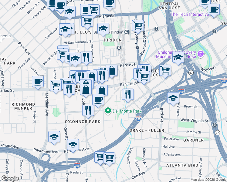 map of restaurants, bars, coffee shops, grocery stores, and more near 800 West San Carlos Street in San Jose