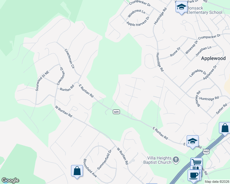 map of restaurants, bars, coffee shops, grocery stores, and more near 2408 East Ruritan Road in Roanoke