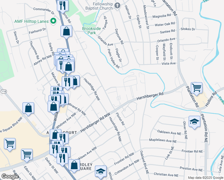 map of restaurants, bars, coffee shops, grocery stores, and more near 420 Bluebell Lane in Roanoke