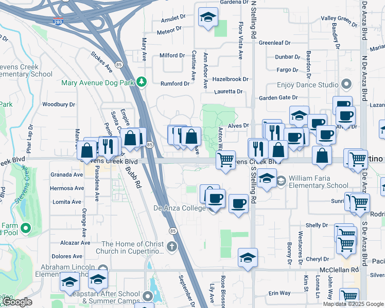 map of restaurants, bars, coffee shops, grocery stores, and more near 21255 Stevens Creek Boulevard in Cupertino