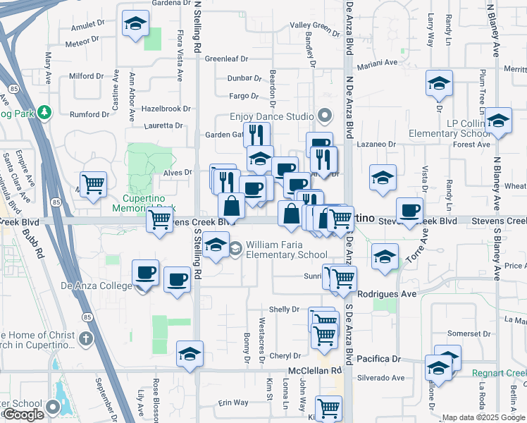 map of restaurants, bars, coffee shops, grocery stores, and more near 20735 Stevens Creek Boulevard in Cupertino
