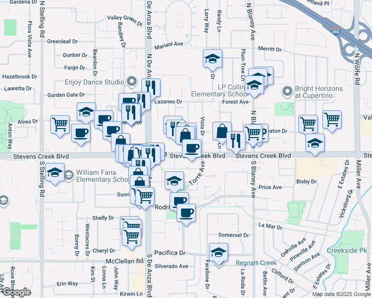 map of restaurants, bars, coffee shops, grocery stores, and more near 20381 Stevens Creek Boulevard in Cupertino