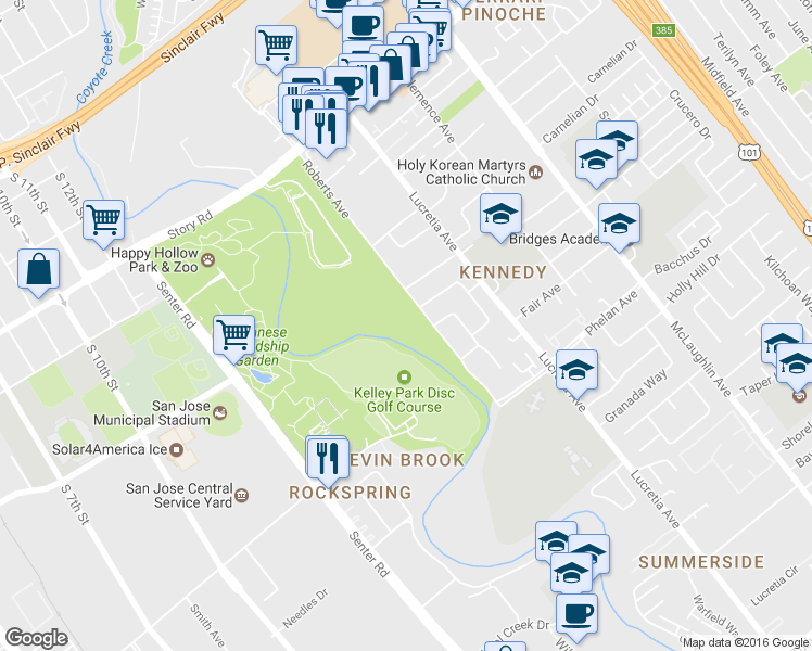 map of restaurants, bars, coffee shops, grocery stores, and more near 1425 Roberts St in San Jose