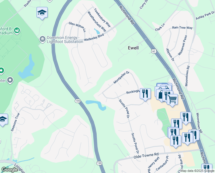 map of restaurants, bars, coffee shops, grocery stores, and more near 5900 Montpelier Drive in Williamsburg