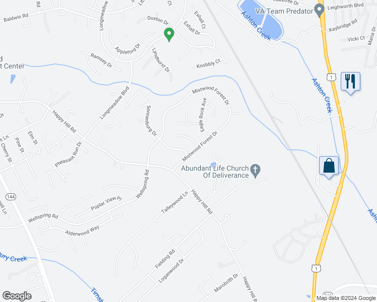 map of restaurants, bars, coffee shops, grocery stores, and more near 2431 Mistwood Forest Drive in Chester