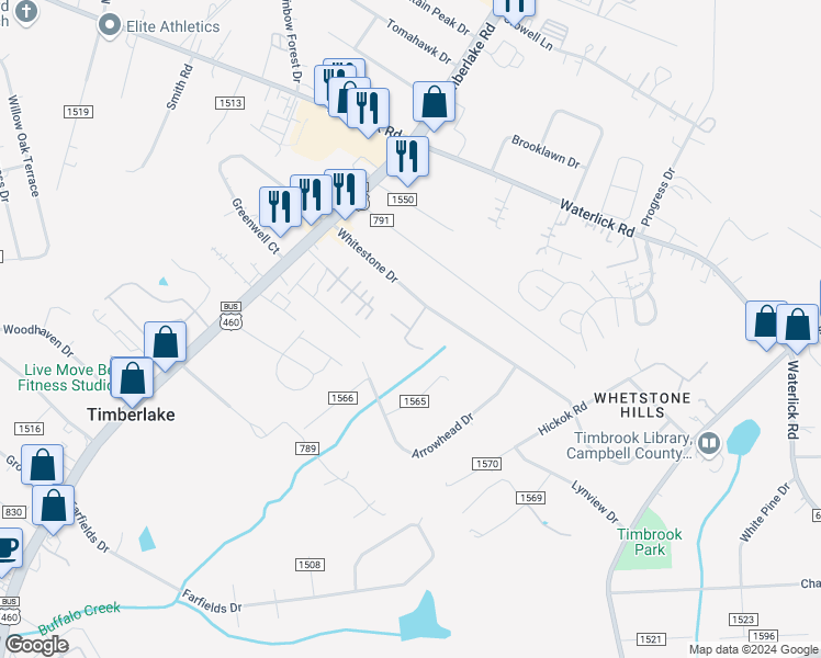 map of restaurants, bars, coffee shops, grocery stores, and more near 59 Brambleridge Court in Lynchburg