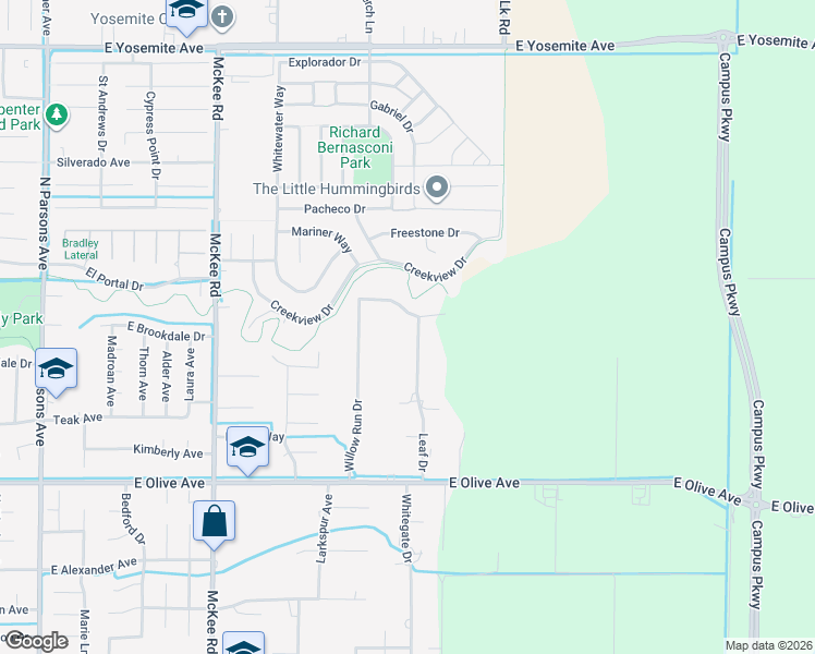 map of restaurants, bars, coffee shops, grocery stores, and more near 3291 Leaf Drive in Merced
