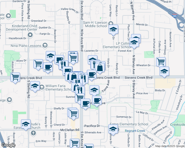 map of restaurants, bars, coffee shops, grocery stores, and more near 20484 Stevens Creek Boulevard in Cupertino