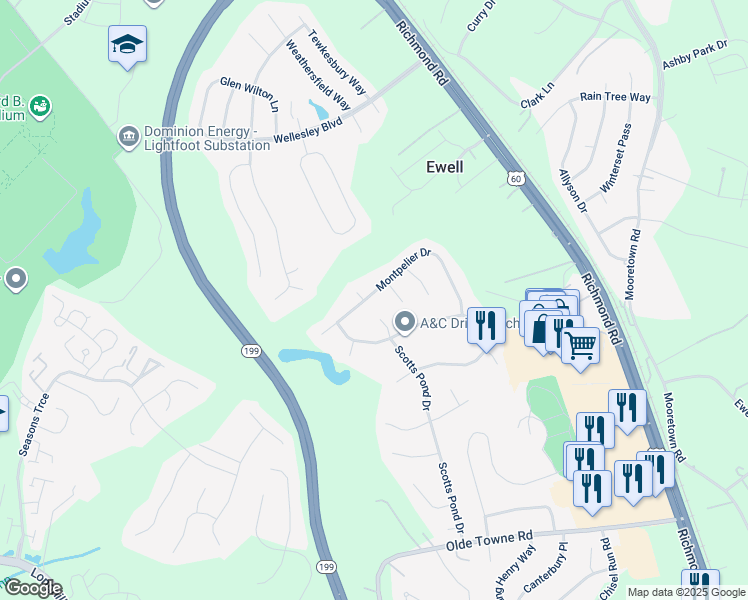 map of restaurants, bars, coffee shops, grocery stores, and more near 5891 Montpelier Drive in Williamsburg