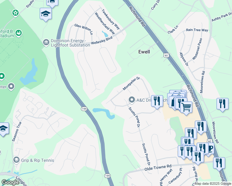 map of restaurants, bars, coffee shops, grocery stores, and more near 5900 Montpelier Drive in Williamsburg