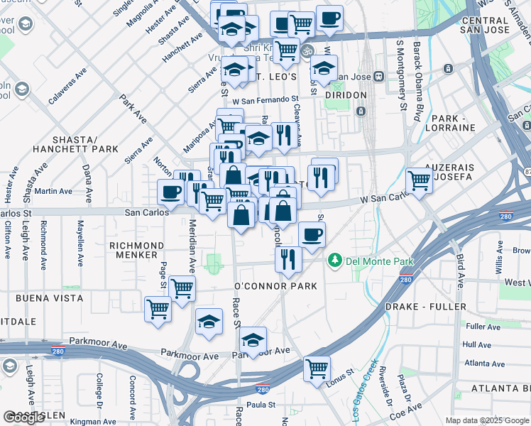 map of restaurants, bars, coffee shops, grocery stores, and more near 1150 W San Carlos St in San Jose