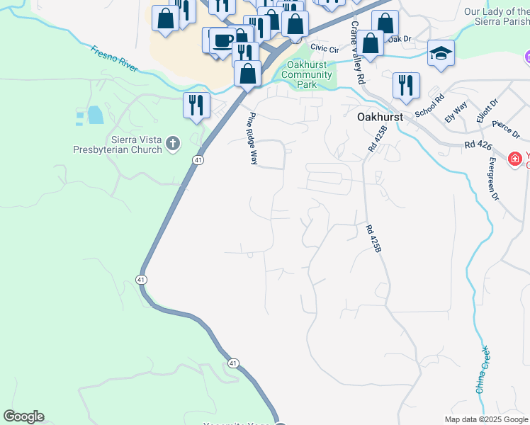 map of restaurants, bars, coffee shops, grocery stores, and more near 48894 Rock Point Road in Oakhurst