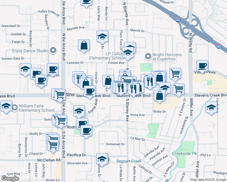 map of restaurants, bars, coffee shops, grocery stores, and more near 20111 Stevens Creek Boulevard in Cupertino