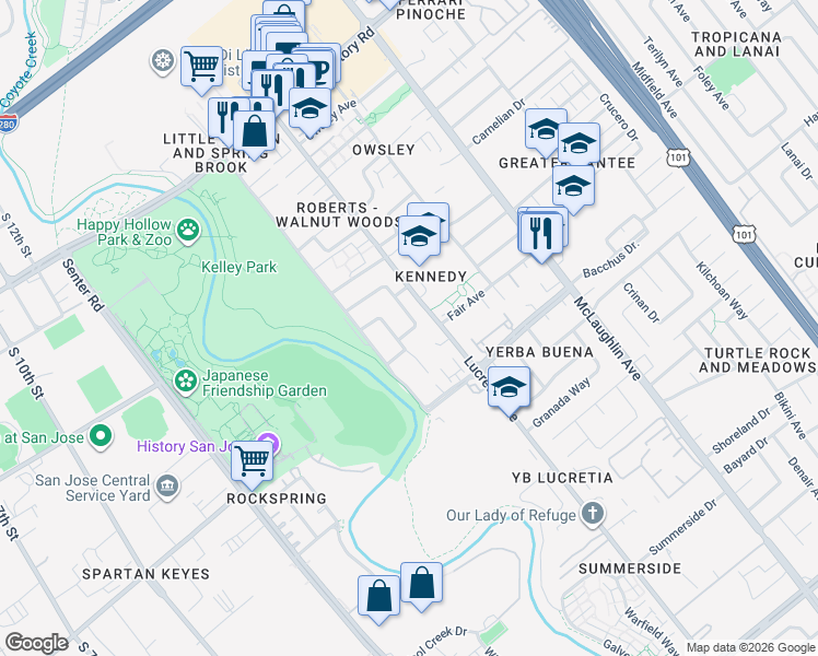 map of restaurants, bars, coffee shops, grocery stores, and more near 1614 Trieste Way in San Jose