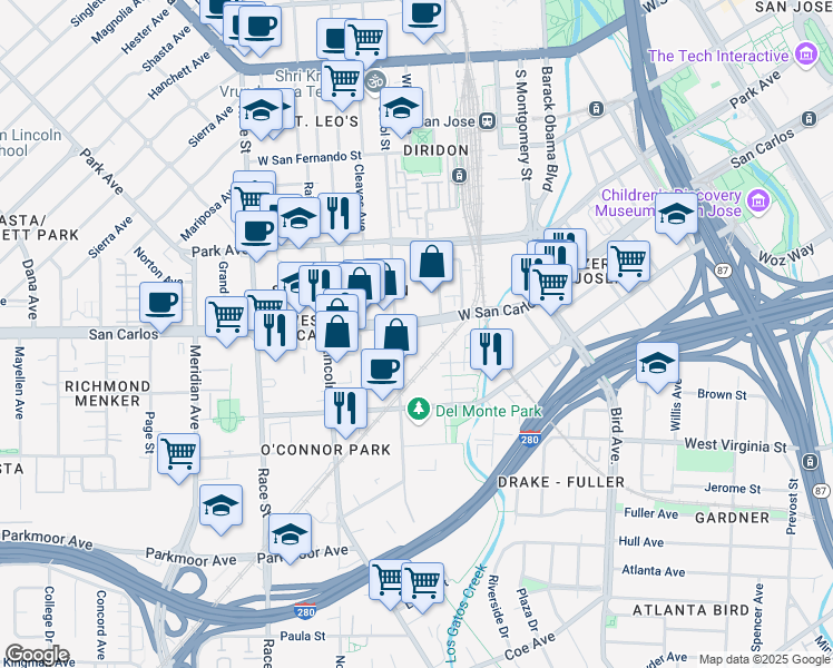 map of restaurants, bars, coffee shops, grocery stores, and more near 800 West San Carlos Street in San Jose