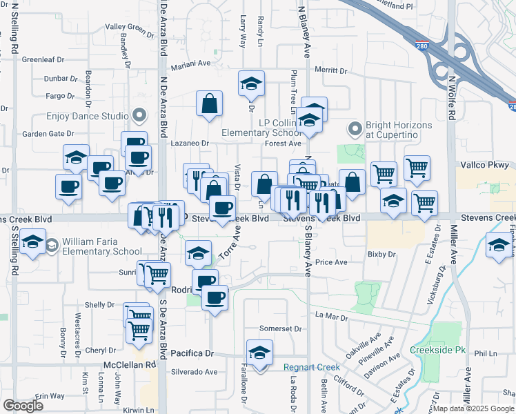 map of restaurants, bars, coffee shops, grocery stores, and more near 20195 Stevens Creek Boulevard in Cupertino