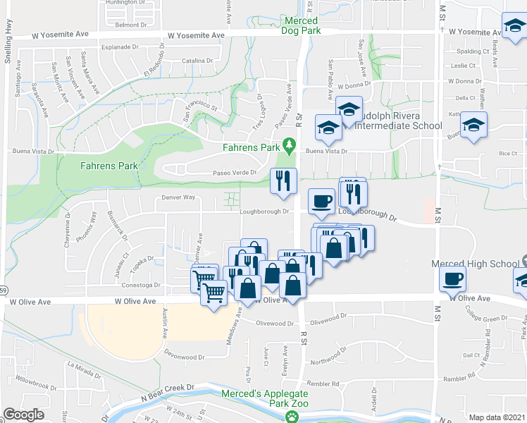 map of restaurants, bars, coffee shops, grocery stores, and more near 1159 Loughborough Drive in Merced