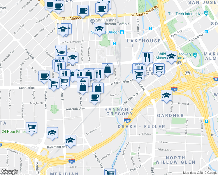 map of restaurants, bars, coffee shops, grocery stores, and more near 750 West San Carlos Street in San Jose