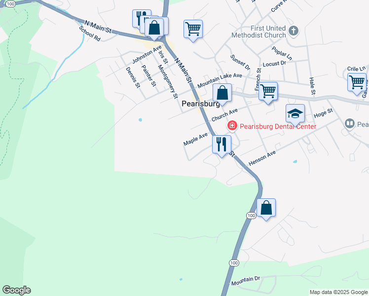 map of restaurants, bars, coffee shops, grocery stores, and more near 301 Walnut Road in Pearisburg