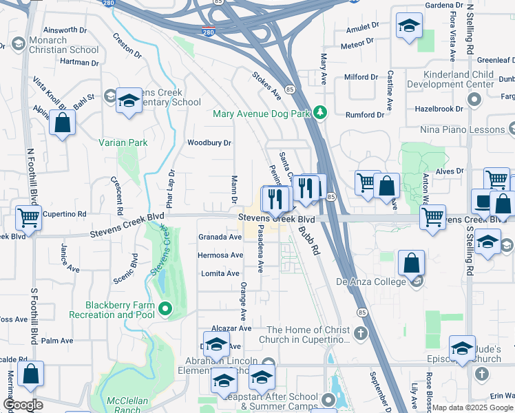 map of restaurants, bars, coffee shops, grocery stores, and more near 21730 Stevens Creek Boulevard in Cupertino