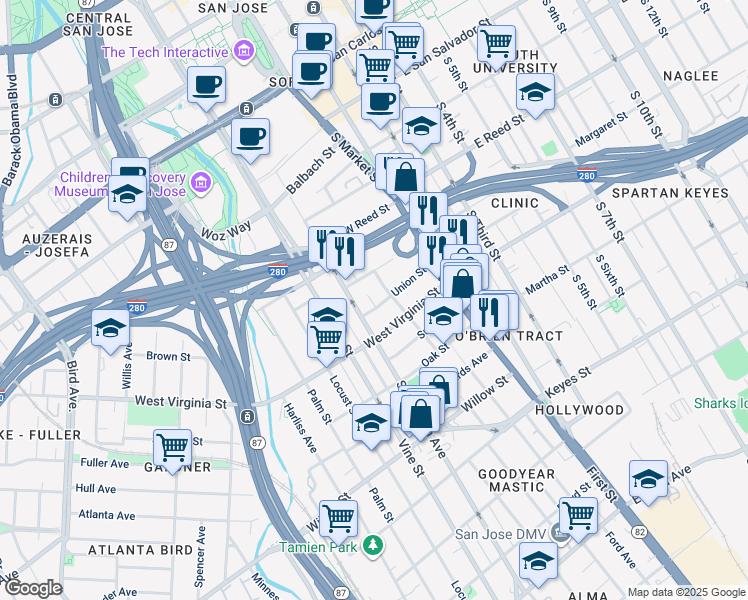 map of restaurants, bars, coffee shops, grocery stores, and more near 131 West Virginia Street in San Jose