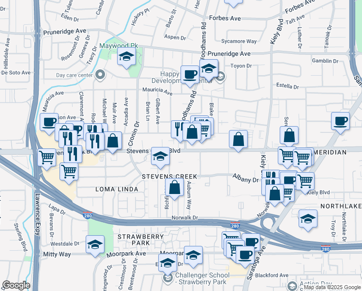 map of restaurants, bars, coffee shops, grocery stores, and more near 4565 Stevens Creek Boulevard in Santa Clara