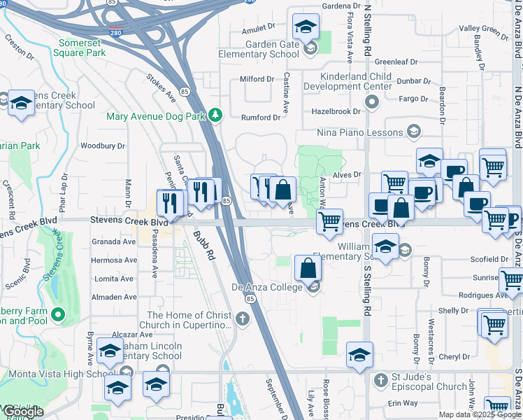 map of restaurants, bars, coffee shops, grocery stores, and more near 21267 Stevens Creek Boulevard in Cupertino