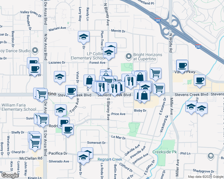 map of restaurants, bars, coffee shops, grocery stores, and more near 19999 Stevens Creek Boulevard in Cupertino