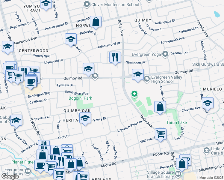 map of restaurants, bars, coffee shops, grocery stores, and more near 3123 Oakgate Way in San Jose