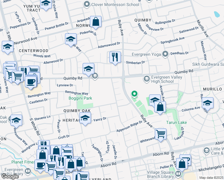 map of restaurants, bars, coffee shops, grocery stores, and more near 3123 Oakgate Way in San Jose