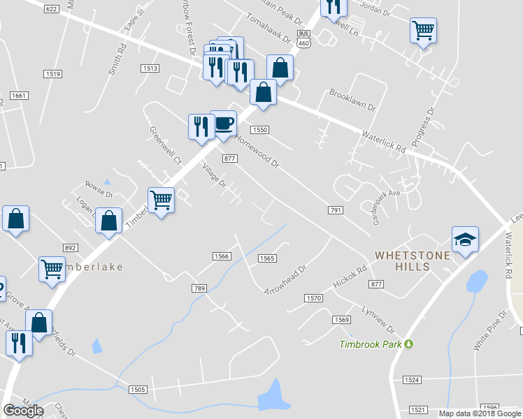map of restaurants, bars, coffee shops, grocery stores, and more near 29 Bramble Place in Timberlake