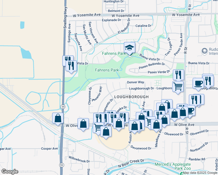 map of restaurants, bars, coffee shops, grocery stores, and more near 3310 Bismark Drive in Merced