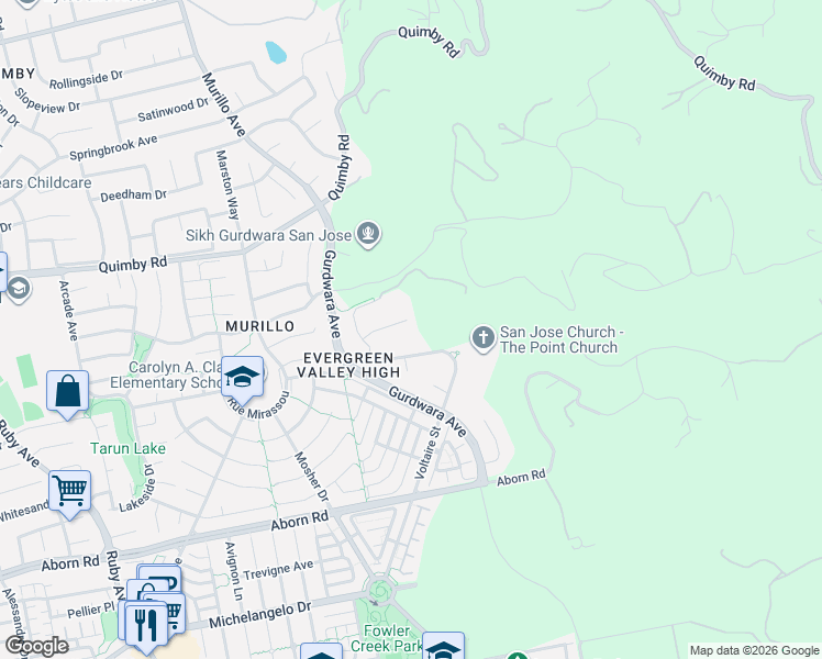 map of restaurants, bars, coffee shops, grocery stores, and more near 3661 Rose Terrasse Circle in San Jose