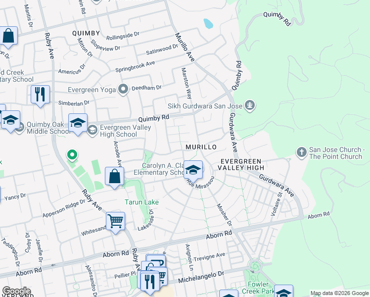 map of restaurants, bars, coffee shops, grocery stores, and more near 3425 Wasson Court in San Jose