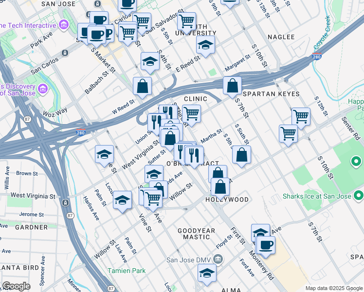 map of restaurants, bars, coffee shops, grocery stores, and more near 901 South 2nd Street in San Jose