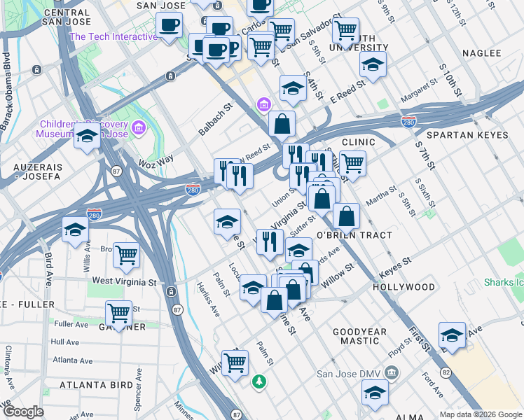 map of restaurants, bars, coffee shops, grocery stores, and more near 131 West Virginia Street in San Jose