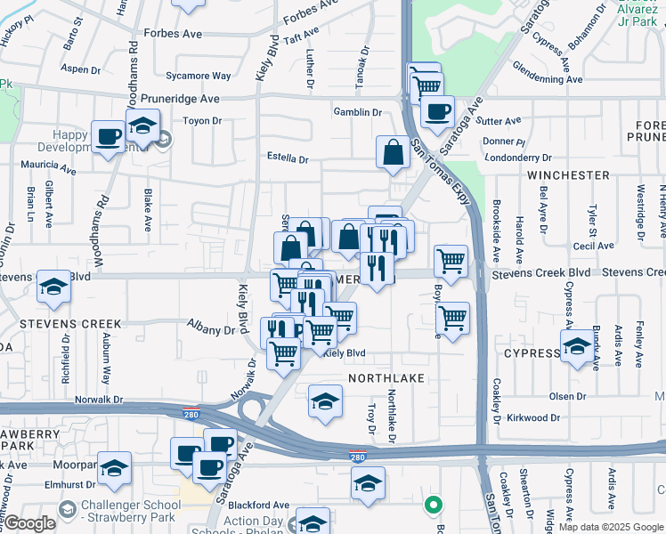 map of restaurants, bars, coffee shops, grocery stores, and more near 3910 Stevens Creek Boulevard in San Jose