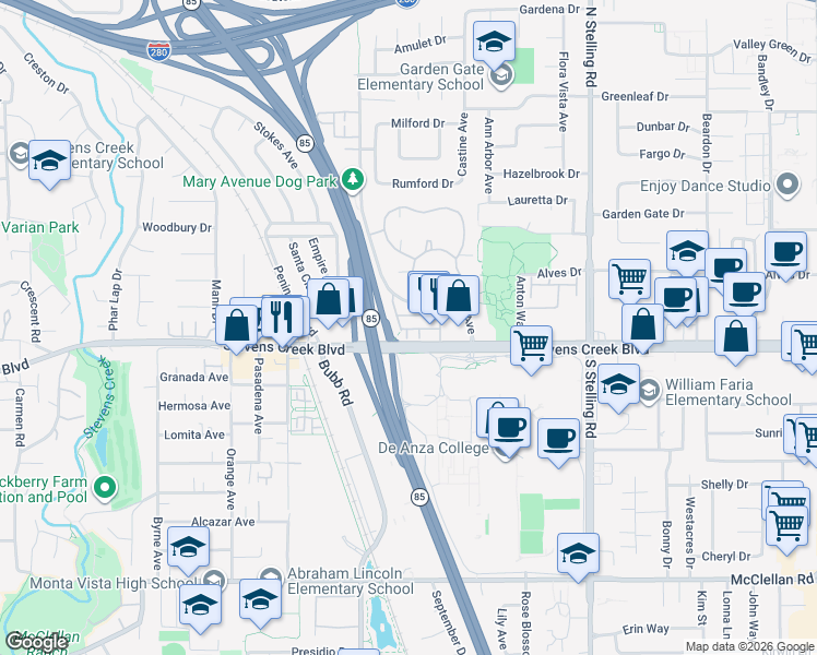 map of restaurants, bars, coffee shops, grocery stores, and more near Stevens Creek Boulevard in Cupertino
