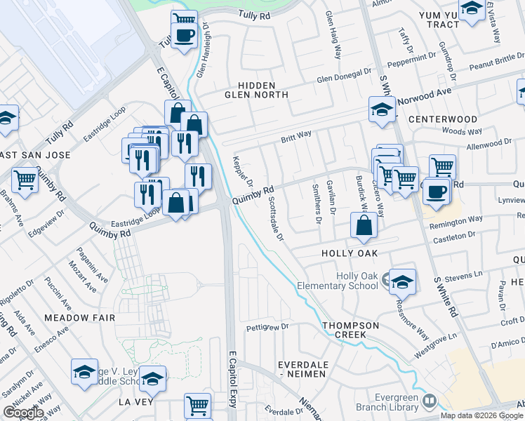map of restaurants, bars, coffee shops, grocery stores, and more near 2389 Lanham Court in San Jose
