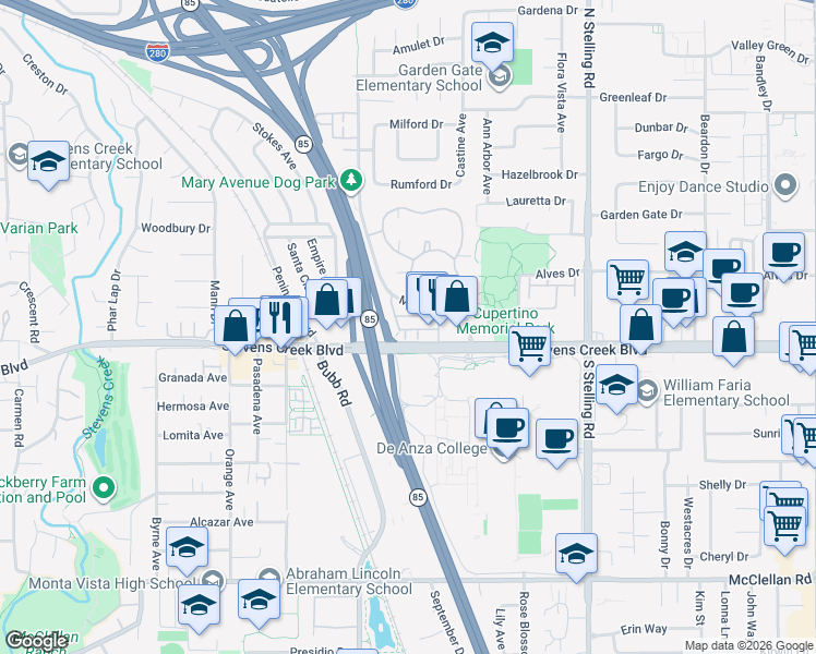 map of restaurants, bars, coffee shops, grocery stores, and more near Stevens Creek Boulevard in Cupertino